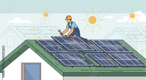 Rooftop Solar Panel Installation by Technician Under Sunny Sky