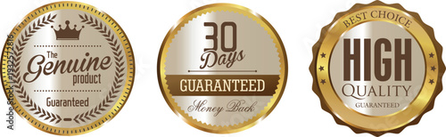 Three gold and silver quality seals on a white background