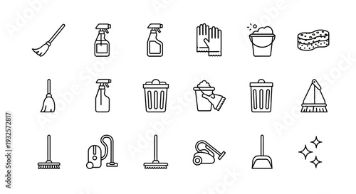 Minimalist flat vector illustration set of cleaning equipment icons arranged in a neat grid layout.