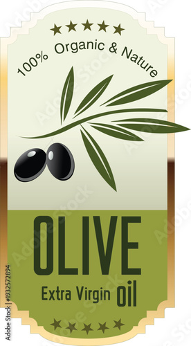 Organic olive oil label with green leaf and olives
