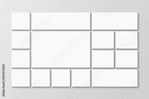 Photo collage layout. Retro gallery banner. Moodboard template. Portfolio images grid. Album brandboard. Mosaic pictures frame. Photoframe mockup. Vector illustration. Combination background