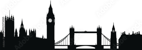London skyline silhouette vector with Big Ben clock tower Westminster Palace and Tower Bridge landmarks for United Kingdom travel tourism city architecture and historical concept