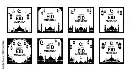 Black and white eid mubarak designs with crescent moons and lanterns