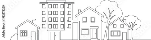 Minimalist one line drawing of suburban neighborhood street with small houses apartment building and trees, simple black outline architectural vector illustration isolated on white background.