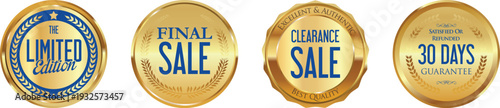 Four gold sale stickers on a white background