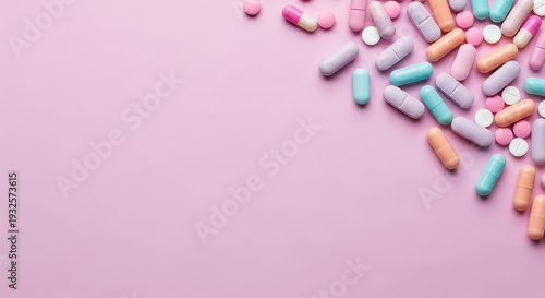 Colorful assortment of pills and capsules on pink background  