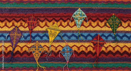 A close-up of a traditional Yakan weaving from the Philippines, featuring a seamless pattern of colorful kites on a vibrant, striped fabric with intricate designs.