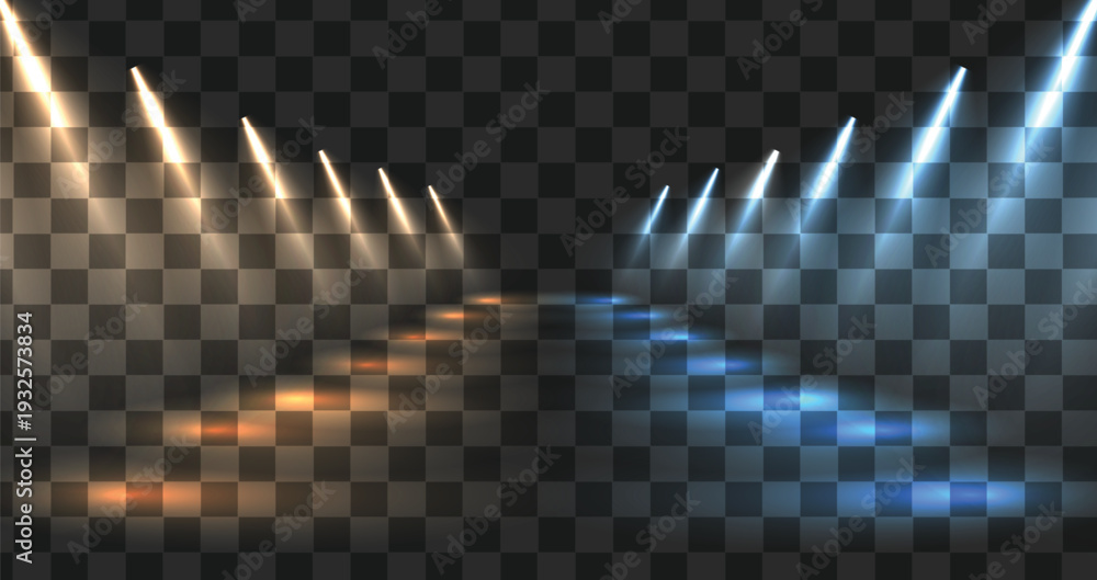 Obraz premium Spotlight with light reflection on the floor. Realistic blue and orange light sources.