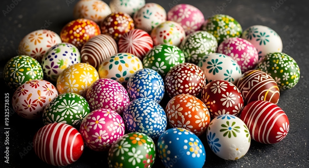 Fototapeta premium Colorful Easter eggs decorated with patterns on dark background festive spring holiday