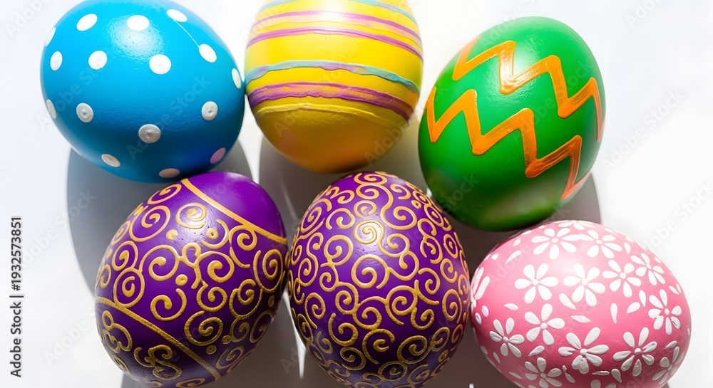 Fototapeta premium Colorful decorative Easter eggs with patterns on white background