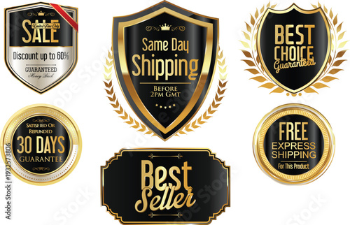 Collection of gold and black promotional badges and labels