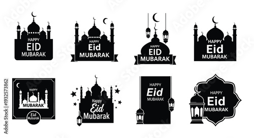 Black and white eid mubarak designs with crescent moons and lanterns