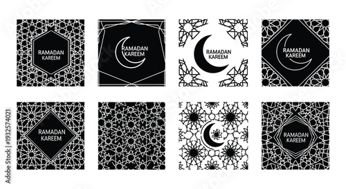 Eight black and white ramadan kareem islamic design elements collection