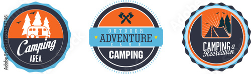 Three circular camping badges with orange and blue designs