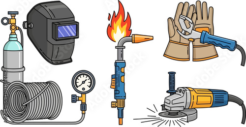 A collection of essential welding and metalworking equipment and safety gear.