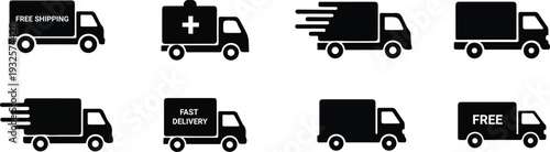 Variety of delivery trucks with different service icons on them
