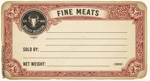 Vintage Fine Meats Label with Ornate Border and Branding Elements.