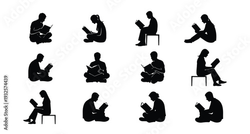 Various silhouettes of people engaged in reading activities in different postures