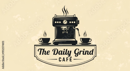 The Daily Grind Cafe logo featuring coffee machine and cups, vintage style.