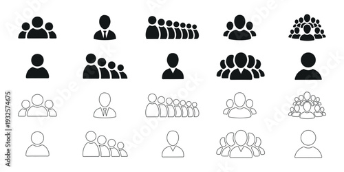 Diverse icons depicting various group sizes and communication styles in a minimalist design