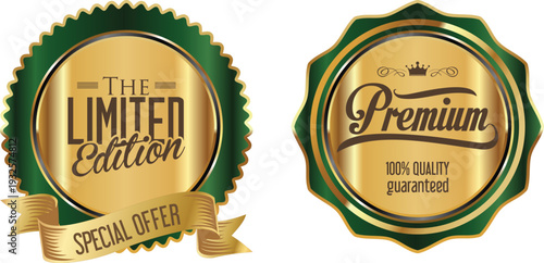 Two gold and green premium and limited edition labels