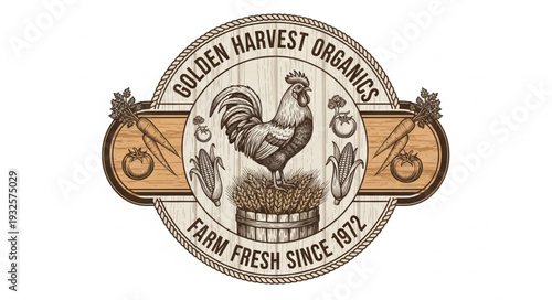Golden Harvest Organics Farm Fresh Rooster Logo Design Since 1972.