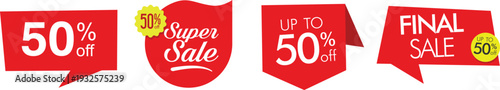 A collection of red sale banners on a white background