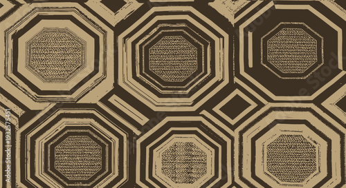 A close-up of a traditional Yakan weaving from the Philippines, showcasing an intricate octagonal pattern in shades of brown and beige, representing ethnic textile art.