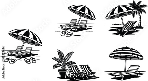 Beach umbrella and sun lounger silhouette vector set featuring tropical vacation seaside relaxation elements isolated on white background for summer travel design