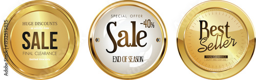 Golden sale and best seller stickers on a white background