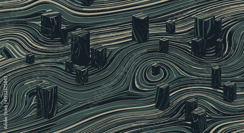 Modern Monochrome Flow: A Seamless Abstract Topographic Pattern with Geometric Pillars and Fluid Line Art in Slate and Charcoal Tones, Yakan Weaving