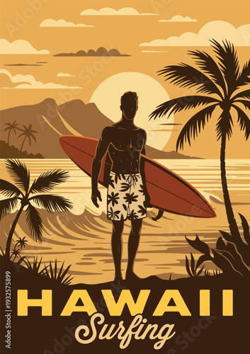 Surfer Standing with Surfboard on Tropical Beach Back View, Hawaii Surfing Scene with Palm Trees and Ocean Waves at Sunset, Summer Vacation Coastal Lifestyle Adventure Illustration Design