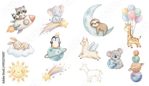 Watercolor space nursery clipart with baby animals, planets, moons and stars. Collection of Vector illustrations. Perfect for invitation, card, poster, banner, decoration