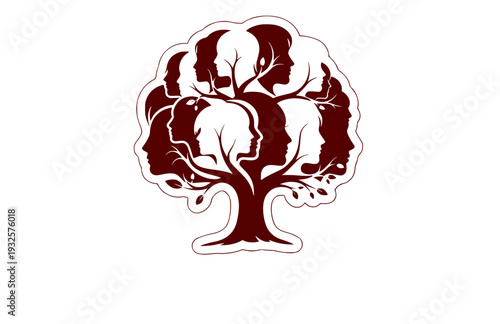 Overlapping Faces Tree Silhouette, Human Connection and Nature Vector Sticker, Symbolic Unity and Growth Illustration