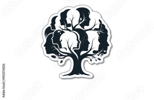 Overlapping Faces Tree Silhouette, Human Connection and Nature Vector Sticker, Symbolic Unity and Growth Illustration