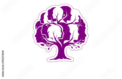 Overlapping Faces Tree Silhouette, Human Connection and Nature Vector Sticker, Symbolic Unity and Growth Illustration