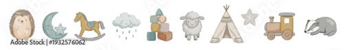 Nursery watercolor setCute watercolor baby room elements with moon star, blocks, lamb, cloud rain. Collection of Vector illustrations. Perfect for invitation, card, poster, banner, decoration