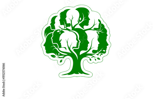Overlapping Faces Tree Silhouette, Human Connection and Nature Vector Sticker, Symbolic Unity and Growth Illustration