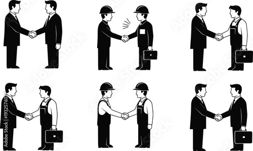 Business handshake silhouette set with businessmen and workers agreement, partnership and cooperation concept vector illustration isolated on white background for corporate teamwork design