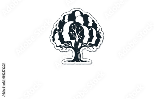 Overlapping Faces Tree Silhouette, Human Connection and Nature Vector Sticker, Symbolic Unity and Growth Illustration