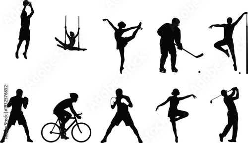 Collection of athlete silhouettes featuring basketball, gymnastics, hockey, pole vault, boxing, cycling, tennis, dance and golf isolated on white background vector style illustration