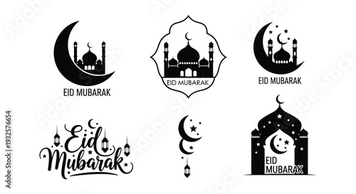 Two eid mubarak greetings with islamic architecture and calligraphy