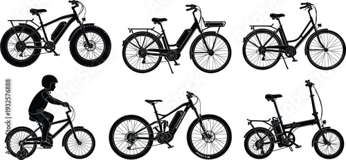 Electric bicycle silhouette set including mountain, city and folding e bike models, modern eco transport vector illustration isolated on white background