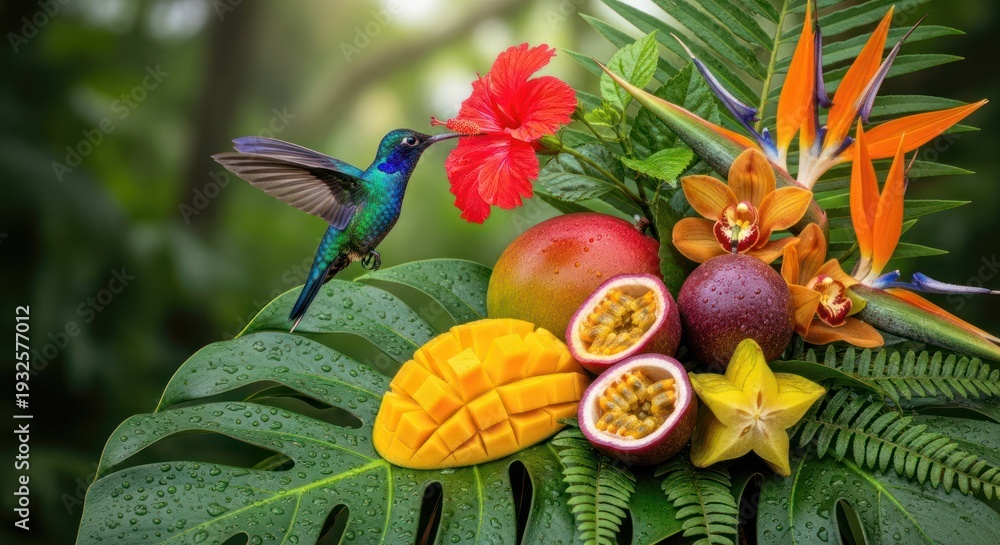 Fototapeta premium A vibrant tropical flower arrangement with a hummingbird hovering above it, showcasing a variety of colorful fruits and exotic flowers.