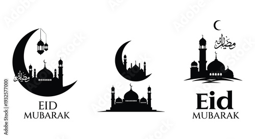 Two eid mubarak greetings with islamic architecture and calligraphy