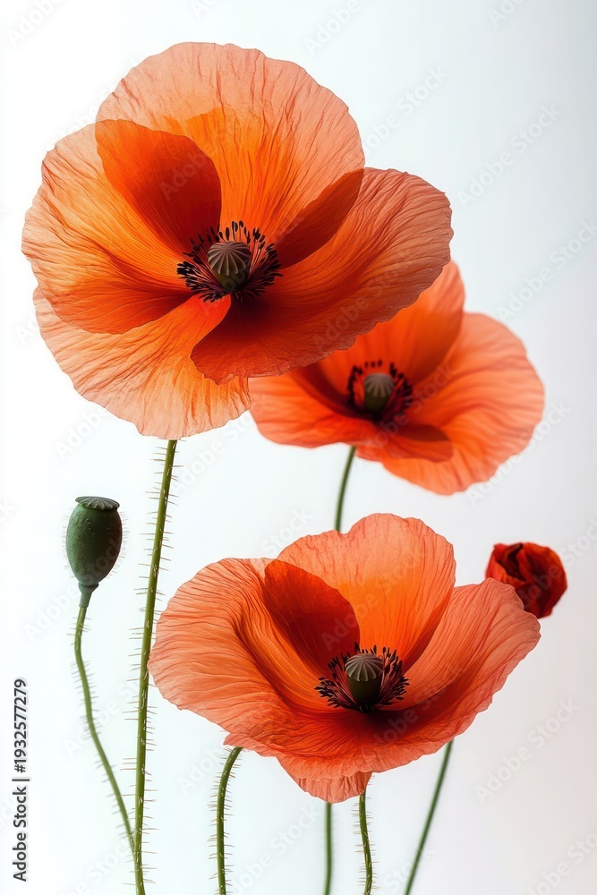 Fototapeta premium Three vibrant orange poppy blooms with delicate translucent petals, hairy green stems and a seed pod against a minimal white background conveying calm elegance