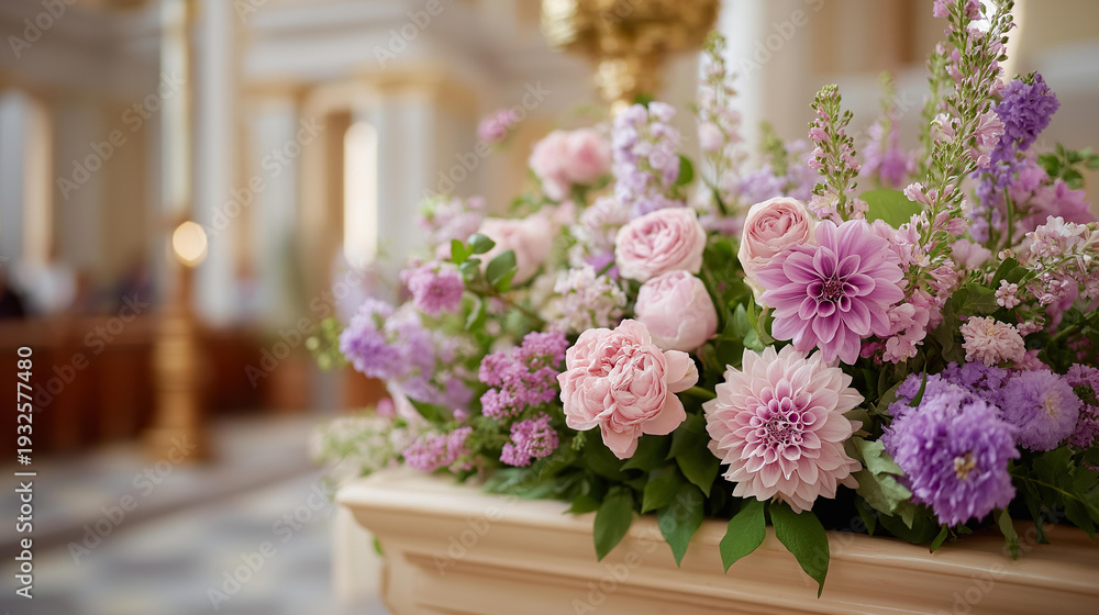 Obraz premium Elegant floral arrangement in church, sophisticated botanical display, formal ceremony decoration, ecclesiastical floral design, sanctuary adornment showcase, defocused interior background, with