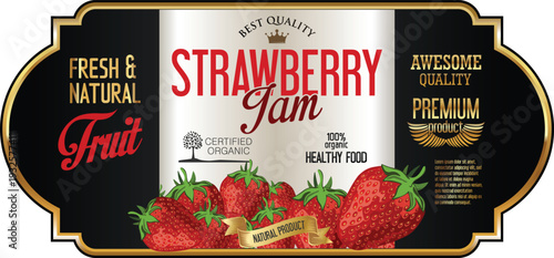 Strawberry jam label with fresh natural strawberries