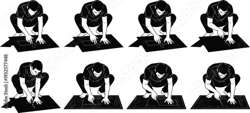 Floor installer silhouette set measuring and cutting material, professional handyman working on home renovation vector illustration isolated on white background for construction conceptv
