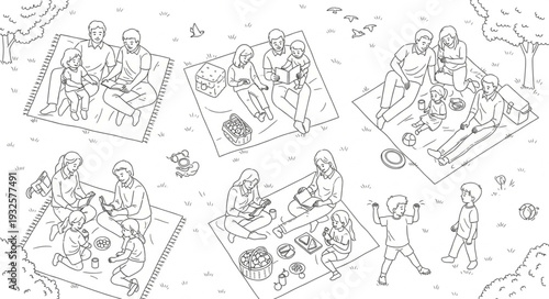 People gathered around picnic blankets enjoying food and company outdoors in a park setting.